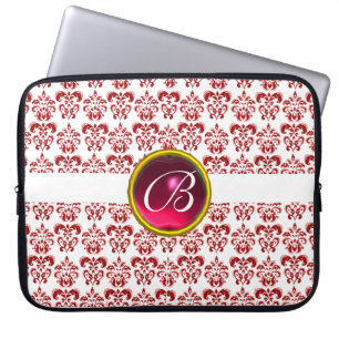 Housse Pour Ordinateur Portable DAMASK GEM STONE MONOGRAM blanc rouge fuchsia