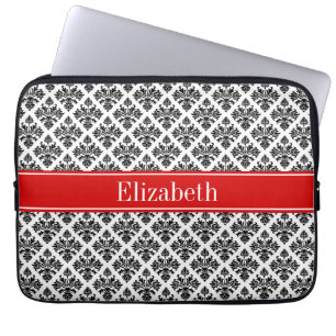 Housse Pour Ordinateur Portable Damask noir Blanc #3 Red Name Monogram