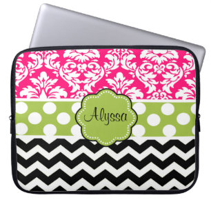 Housse Pour Ordinateur Portable Damassé noire rose verte Chevron de point