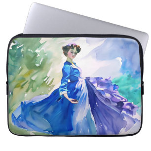 Housse Pour Ordinateur Portable Dame en Robe Bleue - Peinture aquarelle