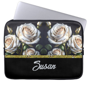 Housse Pour Ordinateur Portable De magnifiques roses blanches avec des détails dor