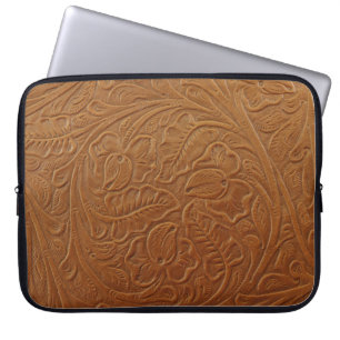 Housse Pour Ordinateur Portable Décor occidental cowboy floral, cuir marron foncé.