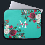 Housse Pour Ordinateur Portable Décoré d'un monogramme floral de rose de pivoine<br><div class="desc">Douille girly florale d'ordinateur portable de rose botanique de pivoine d'aquarelle de Bourgogne. Bourgogne, marsala, roses blancs de pivoine d'aquarelle, conception florale botanique de chich avec le feuille vert-foncé et baies sur l'arrière - plan d'aqua ou de turquoise. Comportez une conception manuscrite élégante de typographie avec votre nom, monogramme et...</div>