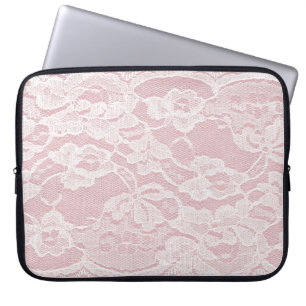 Housse Pour Ordinateur Portable Dentelle blanche sur Pastel Lin rose Texture
