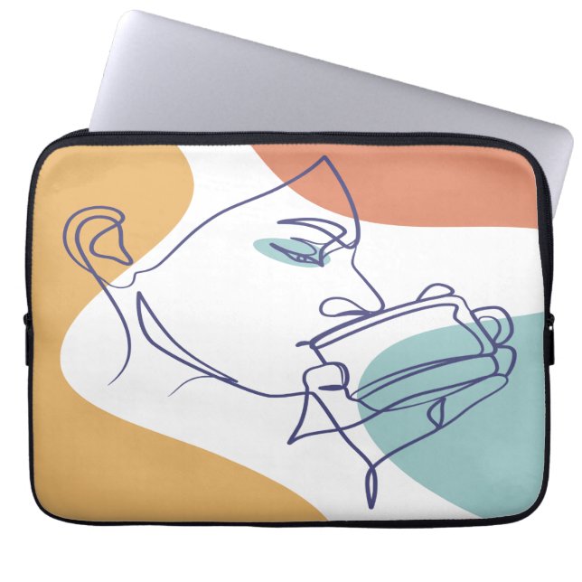 Housse Pour Ordinateur Portable dessin d'art affiche d'une femme buvant du café (Devant)