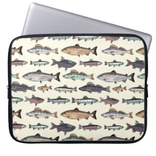 Housse Pour Ordinateur Portable Dessins de poisson vintages, motif sans soudure.