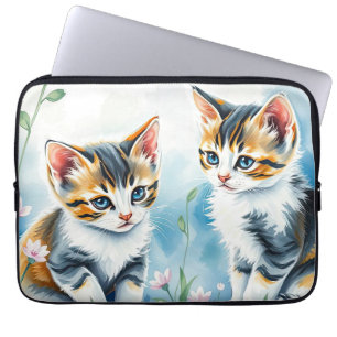 Housse Pour Ordinateur Portable Deux chatons dans un jardin fleuri