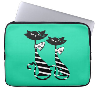 Housse Pour Ordinateur Portable Deux chats en silhouette noir et blanc rayés Vert