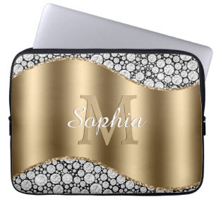 Housse Pour Ordinateur Portable Diamants de Glam sur Noir, Monogramme Or, Nom du s