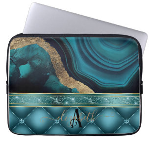 Housse Pour Ordinateur Portable Diamants Marbre Agate Sarcelle Paillettes Or