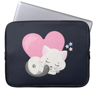 Housse Pour Ordinateur Portable Doux Chat Chaton Endormi avec un Gros Cœur Rose