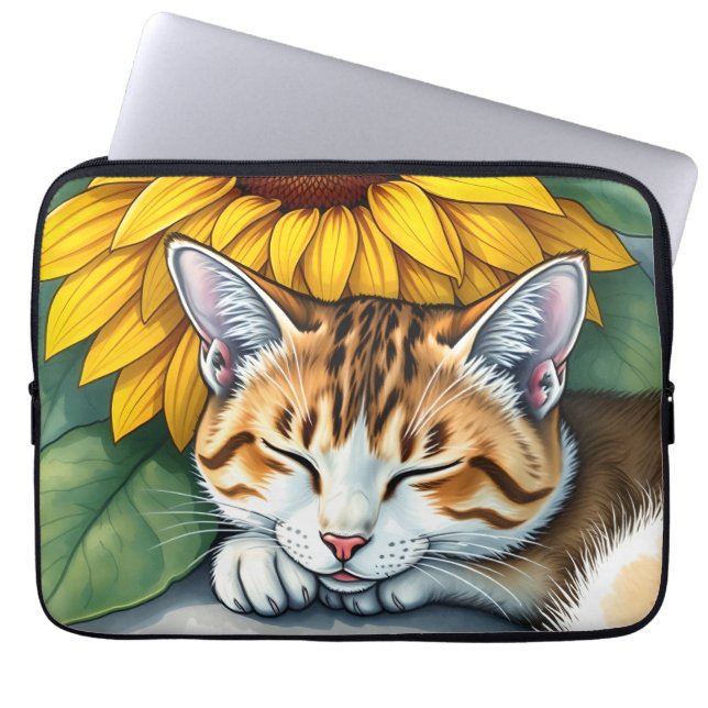 Housse Pour Ordinateur Portable Doux Chat Endormi et Tournesols (Devant)