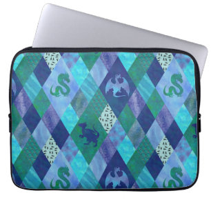 Housse Pour Ordinateur Portable Dragon à patchwork d'aquarelle en bande bleue et v