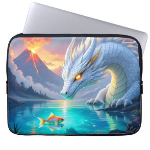 Housse Pour Ordinateur Portable Dragon blanc surréaliste et poisson d'or