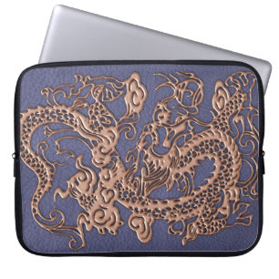 Housse Pour Ordinateur Portable Dragon rose d'or sur la texture bleue de cuir