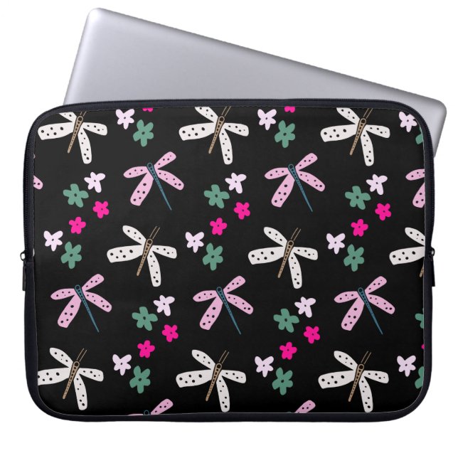 Housse Pour Ordinateur Portable Dragonflies et Fleurs sur le noir (Devant)