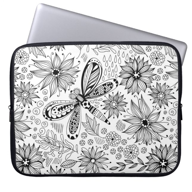 Housse Pour Ordinateur Portable Dragonfly et doodle de fleurs (Devant)