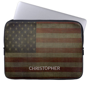 Housse Pour Ordinateur Portable Drapeau américain grungy avec finition et nom lin