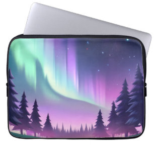 Housse Pour Ordinateur Portable Dreamy Aurora Nuit : Forêt violette et lumière ver