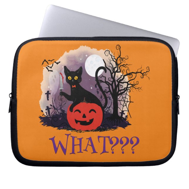Housse Pour Ordinateur Portable Drôle Halloween Bewitched Chat noir Quoi? (Devant)