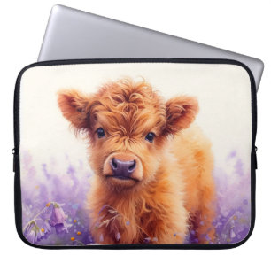 Housse Pour Ordinateur Portable Écossais Highland Vache Calf Violet Fleurs sauvage