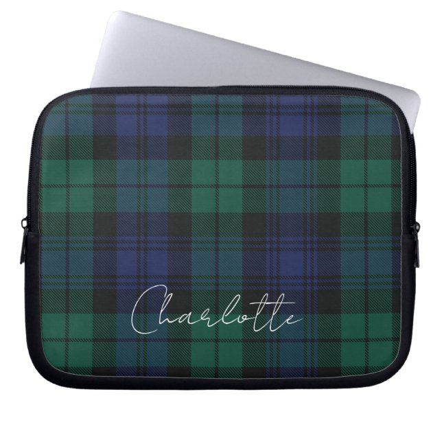 Housse Pour Ordinateur Portable Écossais rustique élégant script vert tartan (Devant)