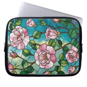 Housse Pour Ordinateur Portable Effet de vitrail floral Fleurs roses Botanique