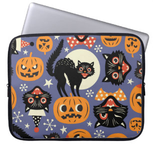 Housse Pour Ordinateur Portable Éffrayant Chats Citrouilles Violet Motif
