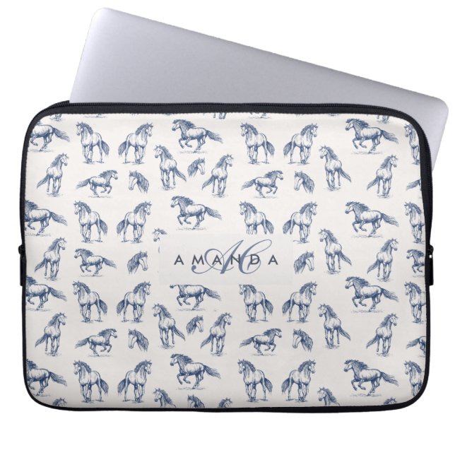 Housse Pour Ordinateur Portable Élégant Cheval Bleu Monogramme Cadeaux Initiaux (Devant)