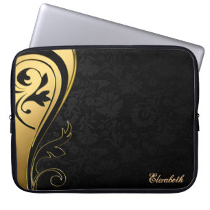 Housse Pour Ordinateur Portable Élégant Chic Damassé Noir,Tourbillon Doré-Personna