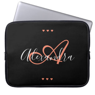 Housse Pour Ordinateur Portable Élégant Coeurs de corail noir Nom du script Monogr