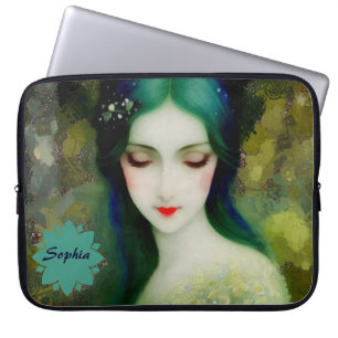Housse Pour Ordinateur Portable Élégant Imaginaire Portrait femme en vert et bleu