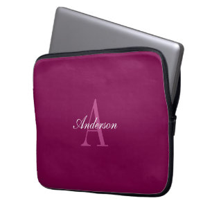 Housse Pour Ordinateur Portable Élégant Magenta Rouge, rose & blanc Nom & Monogram