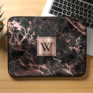 Housse Pour Ordinateur Portable Élégant Marbre Noir Monogramme Or Rose