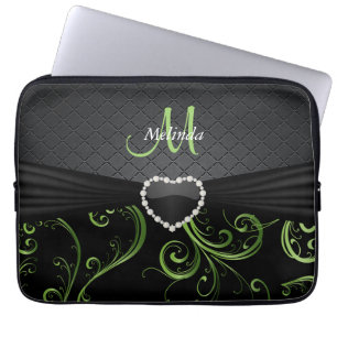 Housse Pour Ordinateur Portable Élégant modèle floral noir et vert de périphé