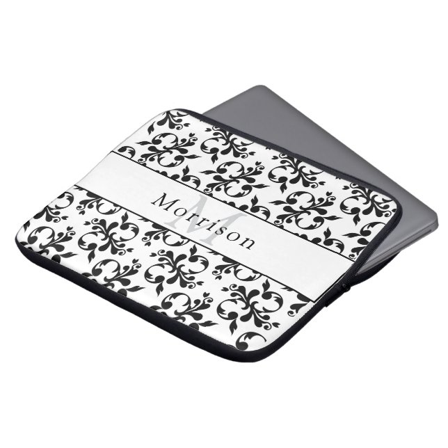 Housse Pour Ordinateur Portable Elégant modèle noir & blanc français Damask (Devant haut)