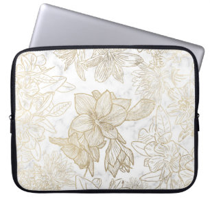 Housse Pour Ordinateur Portable Elégant moderne blanc gris or marbre floral