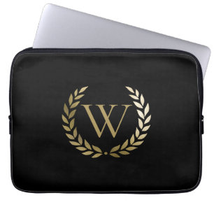 Housse Pour Ordinateur Portable Élégant monogramme de couronne de laurier d'or noi