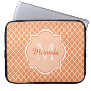 Housse Pour Ordinateur Portable Élégant Monogramme De Quatrefoil Orange Avec Nom