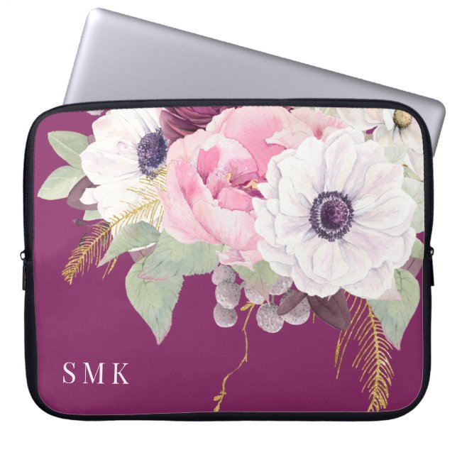 Housse Pour Ordinateur Portable Élégant Monogramme floral Eucalyptus Peony (Devant)