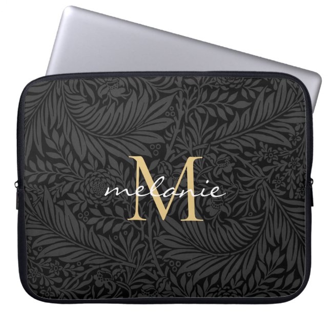 Housse Pour Ordinateur Portable Élégant Monogramme Floral Or Noir (Devant)