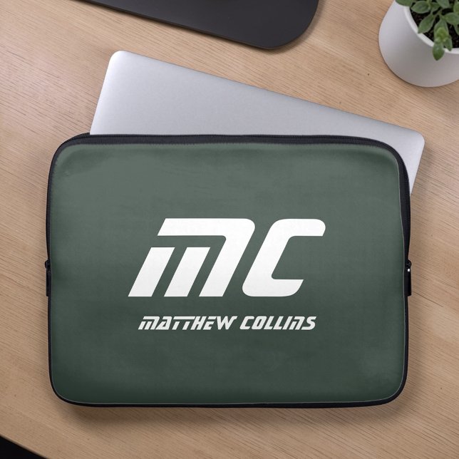 Housse Pour Ordinateur Portable Élégant Monogramme Personnalisé Masculin Vert  (Stylish Green Personalized Monogram Masculine Laptop Sleeve)