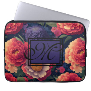 Housse Pour Ordinateur Portable Élégant monogramme romantique orange rouge floral