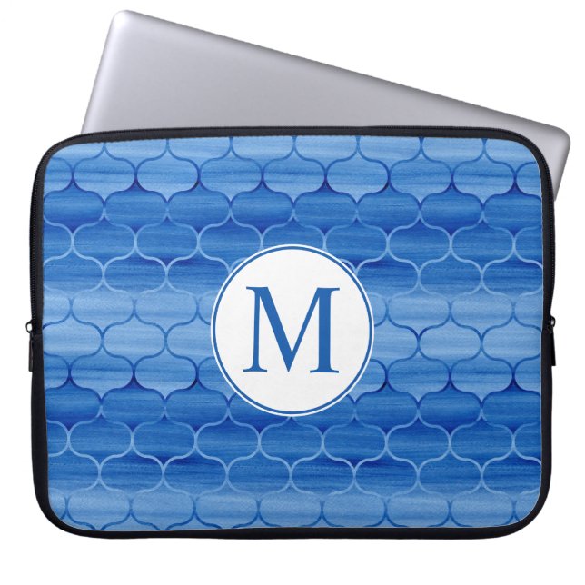 Housse Pour Ordinateur Portable Elégant Motif d'oignon bleu aquarelle avec Monogra (Devant)