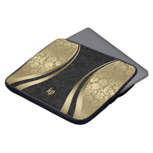 Housse Pour Ordinateur Portable Élégant Noir Et Or Damas Bande Dynamique