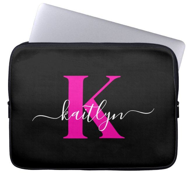 Housse Pour Ordinateur Portable Élégant Noir Hot Rose Script Monogramme (Devant)