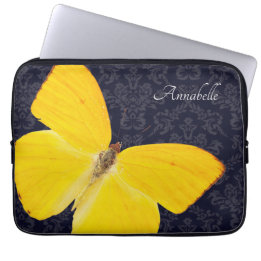 Housse Pour Ordinateur Portable Elégant Papillon jaune Noir Damas Ajouter un nom