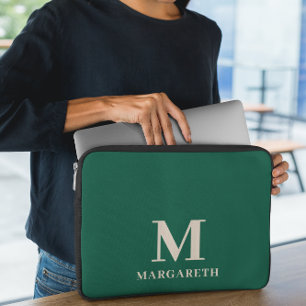 Housse Pour Ordinateur Portable Élégant poêle à manches vert de monogramme de forê