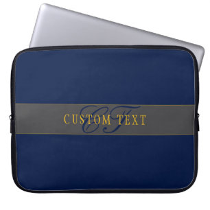 Housse Pour Ordinateur Portable Élégant Script Monogram Dark Navy Blue Grey & Gold