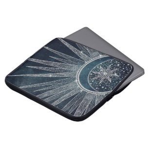 Housse Pour Ordinateur Portable Elégant Silver Sun Moon Doodle Mandala Blue Design
